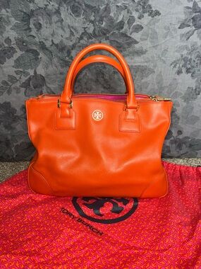 Tory Burch Bright Orange Leather Top-Handle Tote
